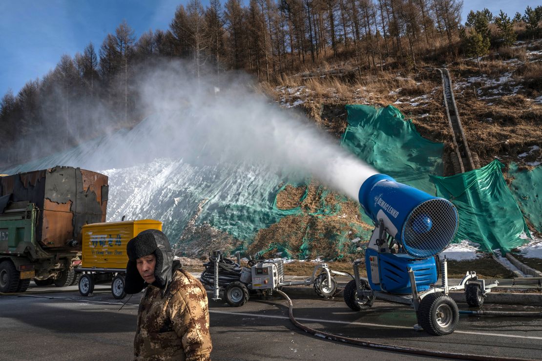 Artificial snow machines go to work in January outside one of the athletes villages in Zhangjiakou.