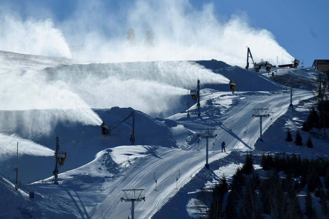 Snowmaking machines during the FIS Snowboard World Cup 2022 in November, part of a 2022 Beijing Winter Olympic Games test event at the Genting Snow Park in Zhangjiakou city.