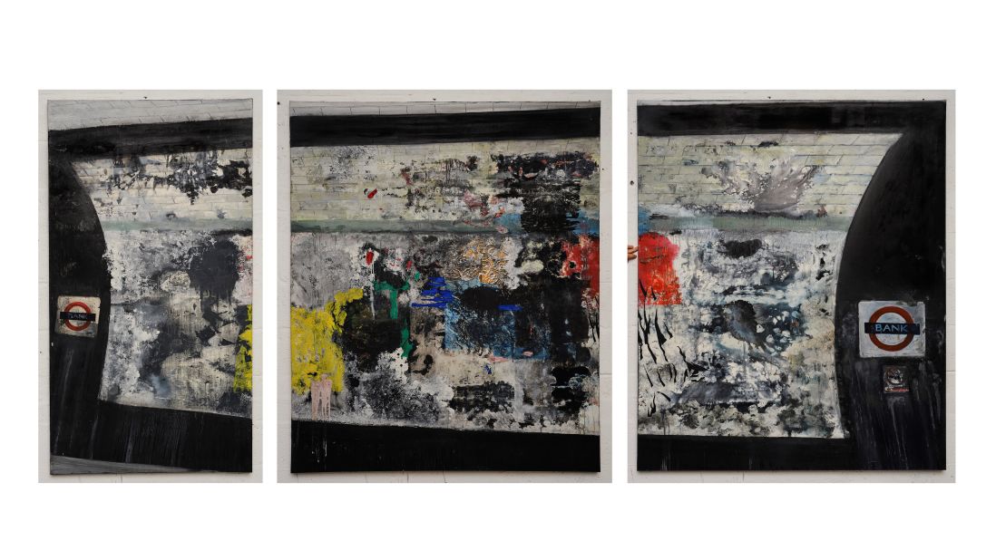<strong>"Bank" (1997).</strong>  A triptych, depicting a brick wall with peeled posters at the eponymous London Underground station.