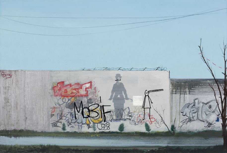 <strong>"K.M.B." (2007). </strong>The acronym refers to a sticker found on the actual wall depicted here, reciting "Kill Matthew Barney," in reference to the American contemporary artist. The sticker is obscured with black paint.