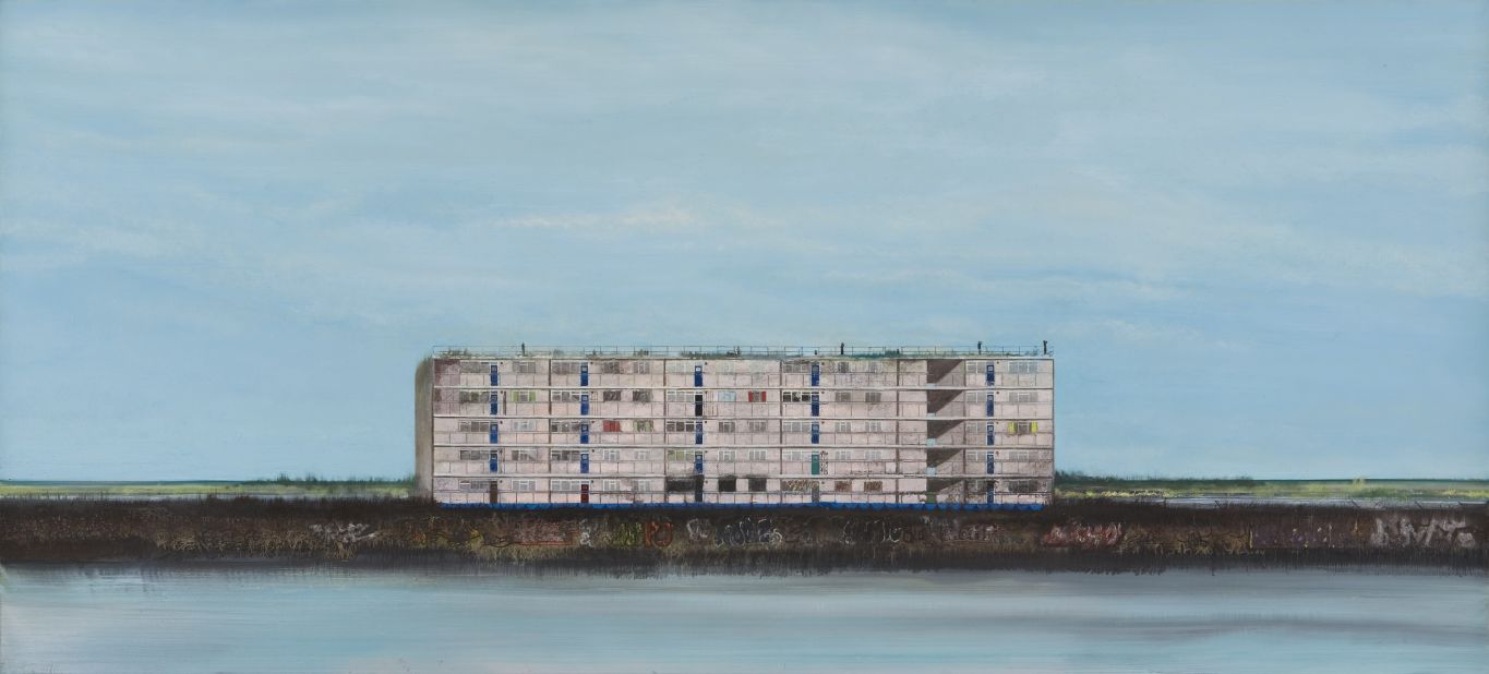 <strong>"Pink Flats" (2006).</strong> McFadyen has transported this block of social housing flats found in Shoreditch, East London, to a more serene location on the river Lea, outside of the city. Why? Because the block once enjoyed great views of the Grand Union Canal, before luxury apartments were erected in front of it, obscuring the view.