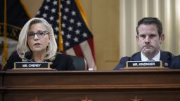 WASHINGTON, DC - DECEMBER 1: (L-R) Rep. Liz Cheney (R-WY), vice-chair of the select committee investigating the January 6 attack on the Capitol,  and Rep. Adam Kinzinger (R-IL) listen during a committee meeting on Capitol Hill on December 1, 2021 in Washington, DC. The committee voted unanimously to recommend contempt of Congress charges for former Department of Justice official Jeffrey Clark for defying his subpoena by refusing to answer questions and failing to hand over documents to the committee. (Photo by Drew Angerer/Getty Images)