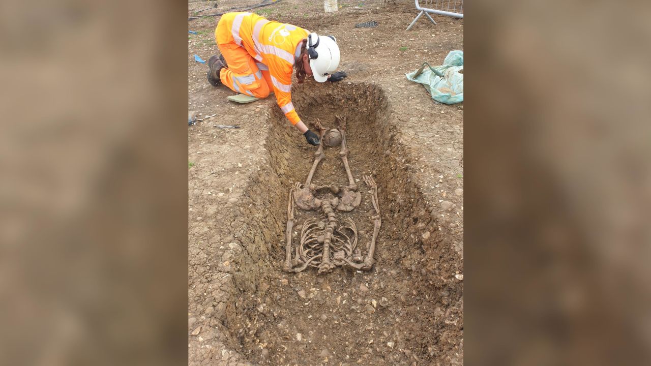 A Roman skeleton with its head placed between the legs was uncovered during excavations at Fleet Marston.
