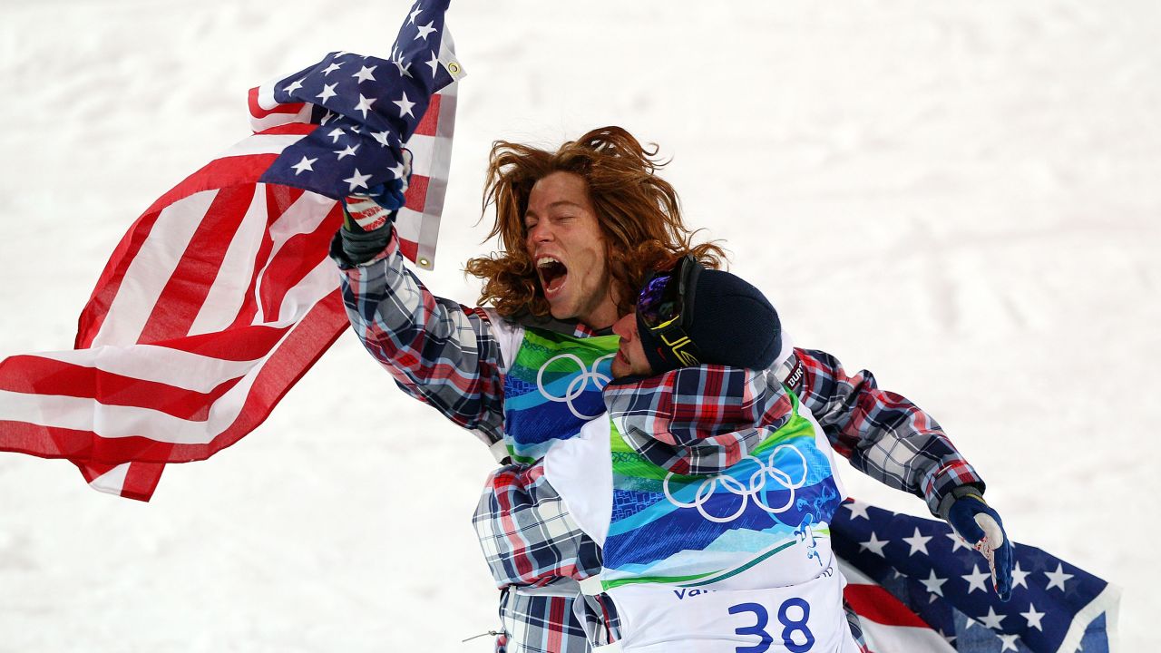 White celebrates with fellow American Scott Lago at the Vancouver Winter Olympics in 2010. White won halfpipe gold while Lago took bronze.