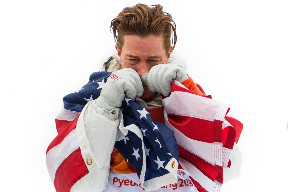 White is overconme with emotion during the victory ceremony after winning halfpipe gold at the Pyeongchang Winter Olympics in 2018.