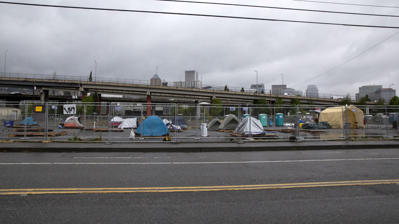 Tents sit at a camp set up for homeless people during the coronavirus pandemic in southeast Portland on April 22, 2020.