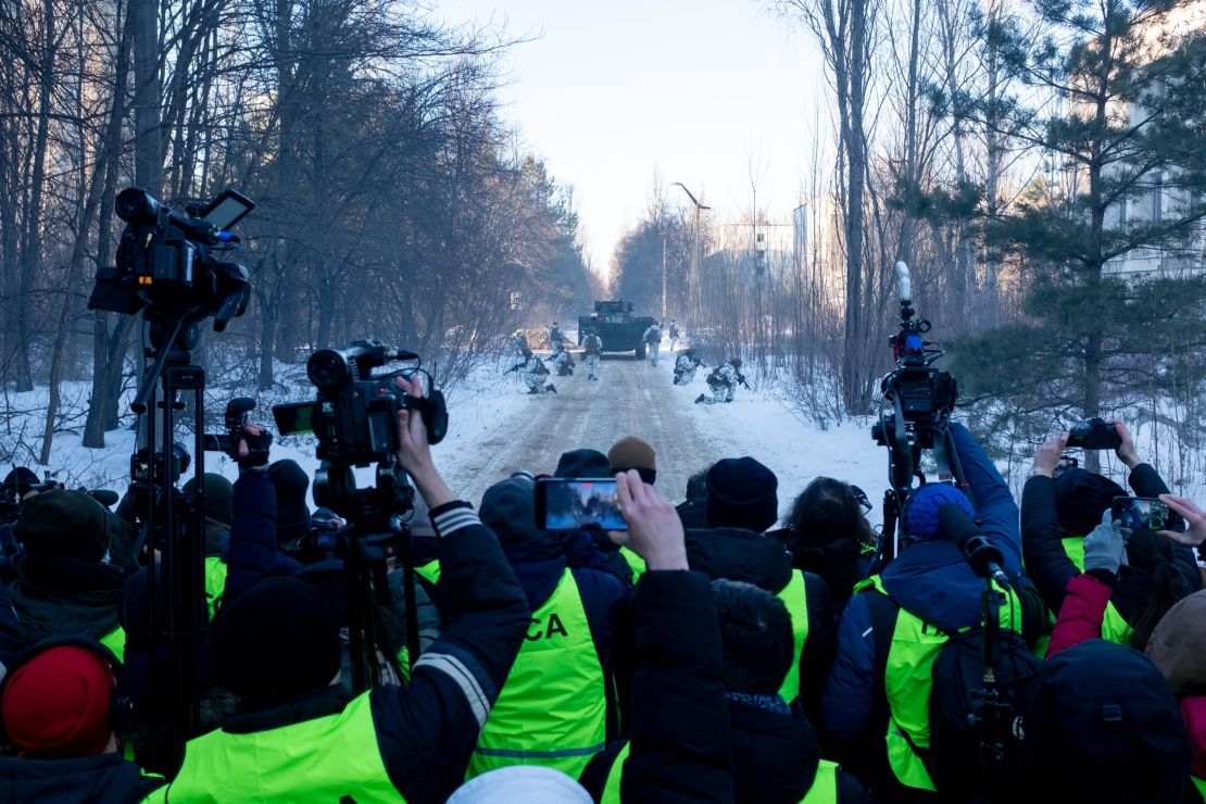 Journalists film Ukrainian live fire exercises in the abandoned town of Pripyat, in the Chernobyl Exclusion Zone, on February 4.