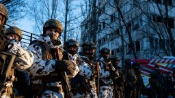 Ukrainian national guard in the abandoned town of Pripyat, in the Chernobyl Exclusion Zone, on February 4.