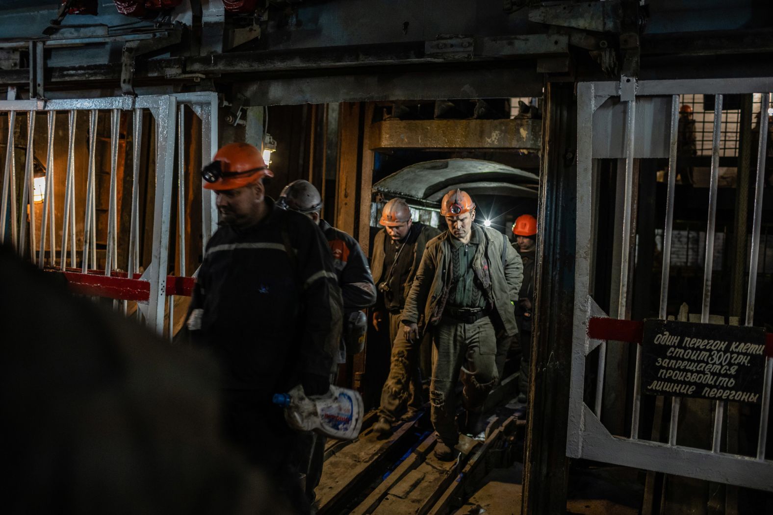 Miners ascend to the surface after a six-hour shift. This mine employs 2,150 workers, and 1,400 of them are miners, said Yevhen Viktorovych, the mine's deputy director of labor protection.