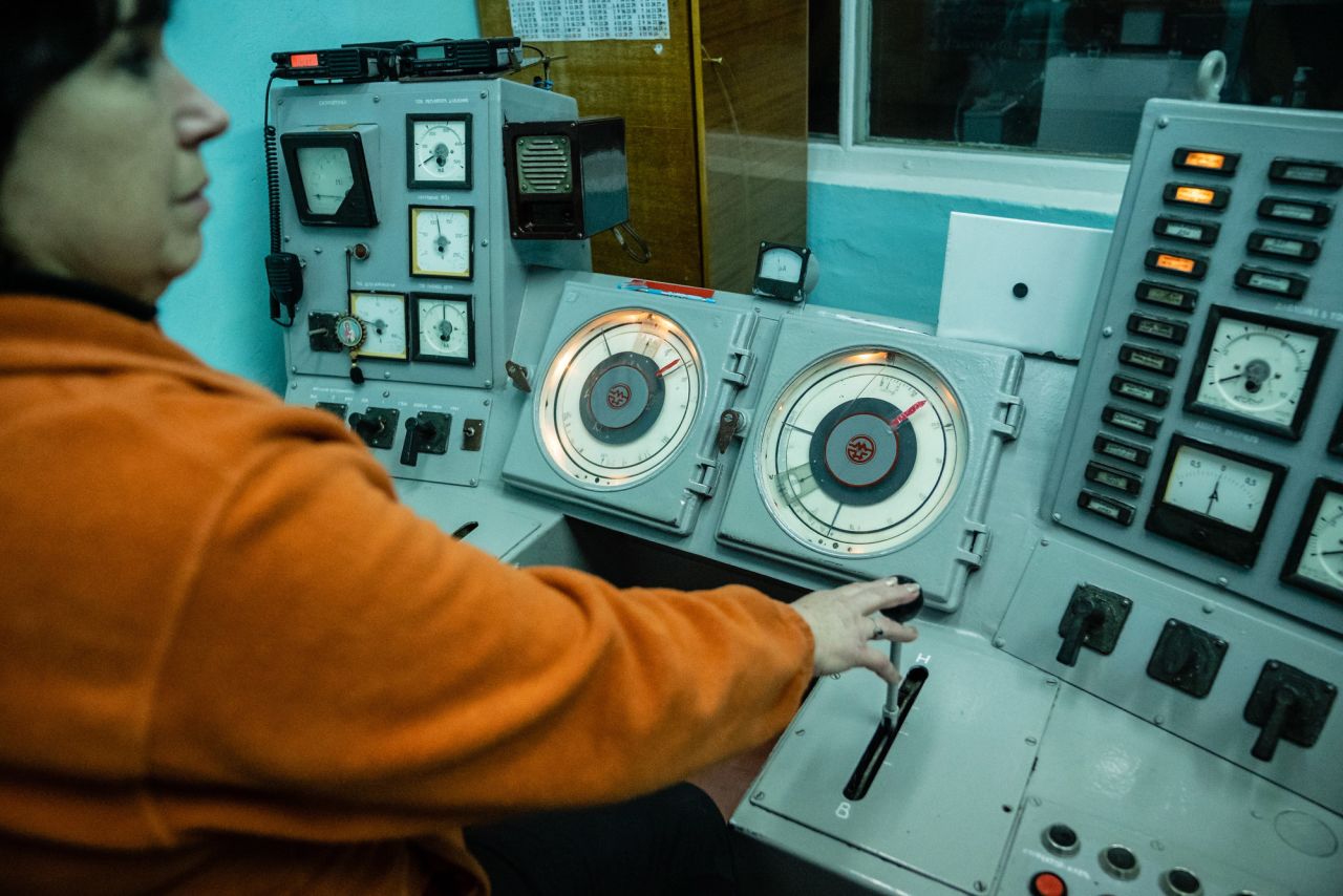 An operator controls a shaft elevator at the Pivdennodonbaska 3 coal mine.