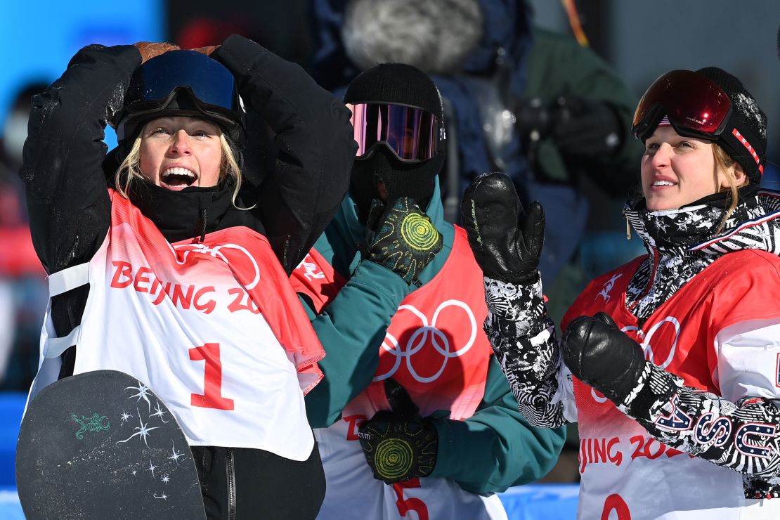 Sadowski-Synnott celebrates after her Olympic victory with runner-up Marino (r).