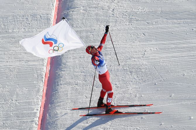 Russian Alexander Bolshunov celebrates after <a href="https://www.cnn.com/world/live-news/beijing-winter-olympics-02-06-22-spt/h_1993a8651ad6f621e1b05e2848c9ae1e" target="_blank">winning the gold medal in the skiathlon</a> on February 6.