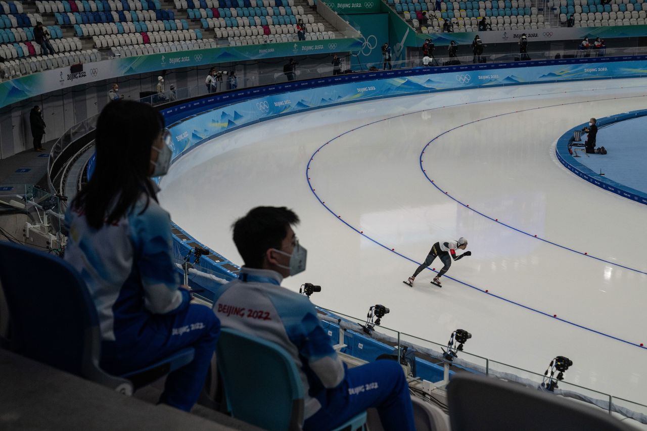 Japanese speedskater Seitaro Ichinohe skates in a mostly empty arena during the men's 5,000 meters on February 6.
