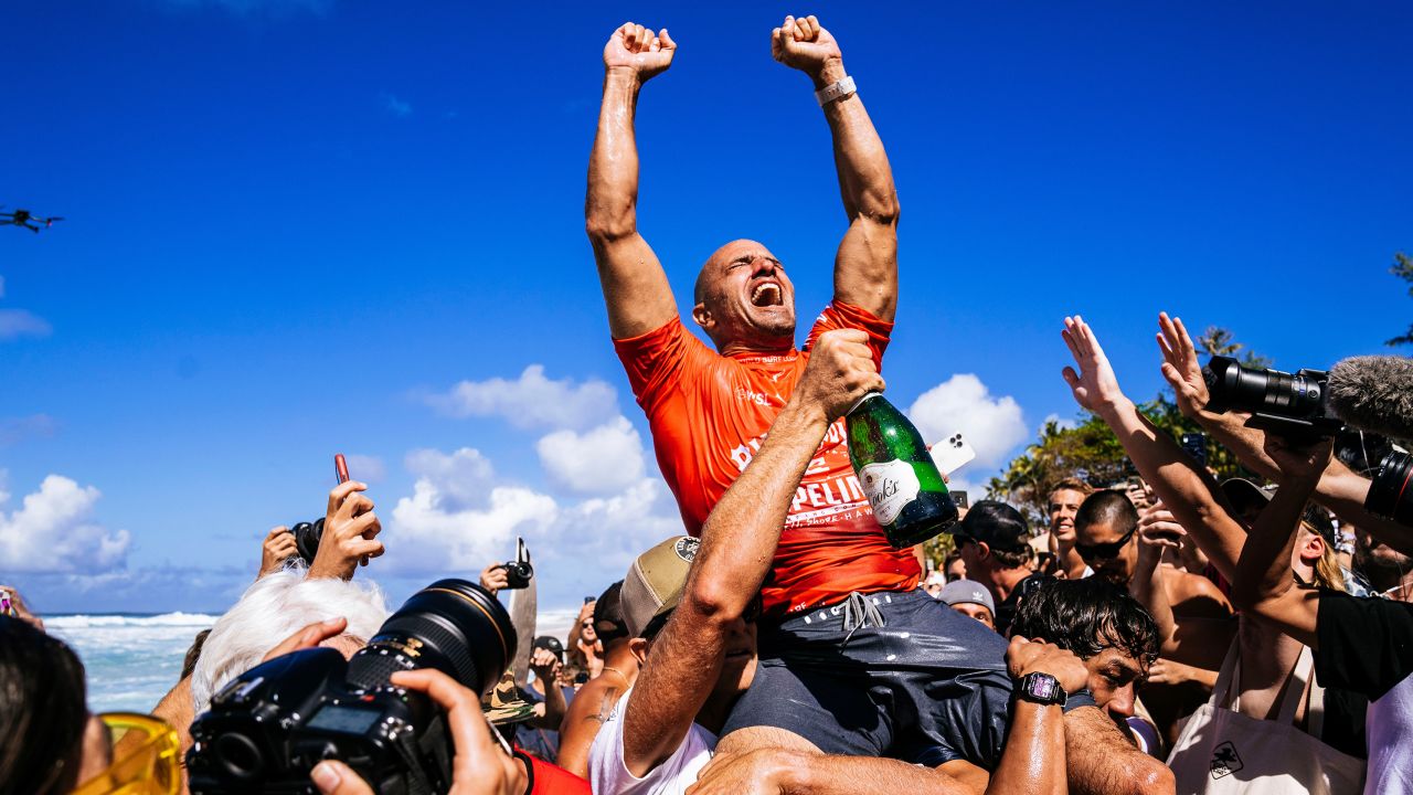 Kelly Slater celebrated after winning the Billabong Pro Pipeline on February 5 in Haleiwa, Hawaii.