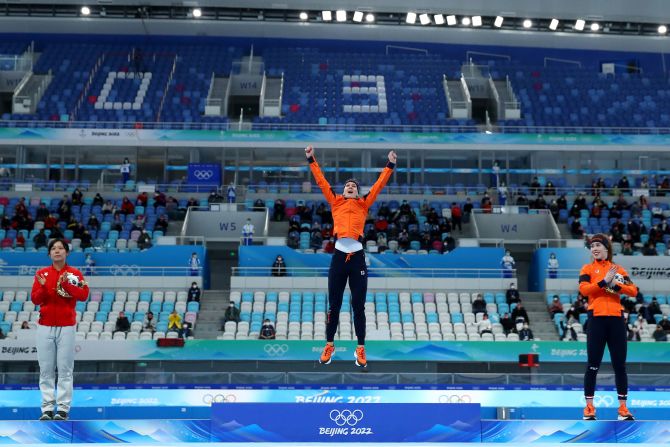 Dutch speedskater Ireen Wüst celebrates on the podium after winning the 1,500 meters on February 7. The 35-year-old became the<a href="index.php?page=&url=https%3A%2F%2Fwww.cnn.com%2Fworld%2Flive-news%2Fbeijing-winter-olympics-02-07-22-spt%2Fh_2fde42a29ea625da70e0c68580fcb73e" target="_blank"> first athlete to win an individual gold medal in five separate Olympics.</a>