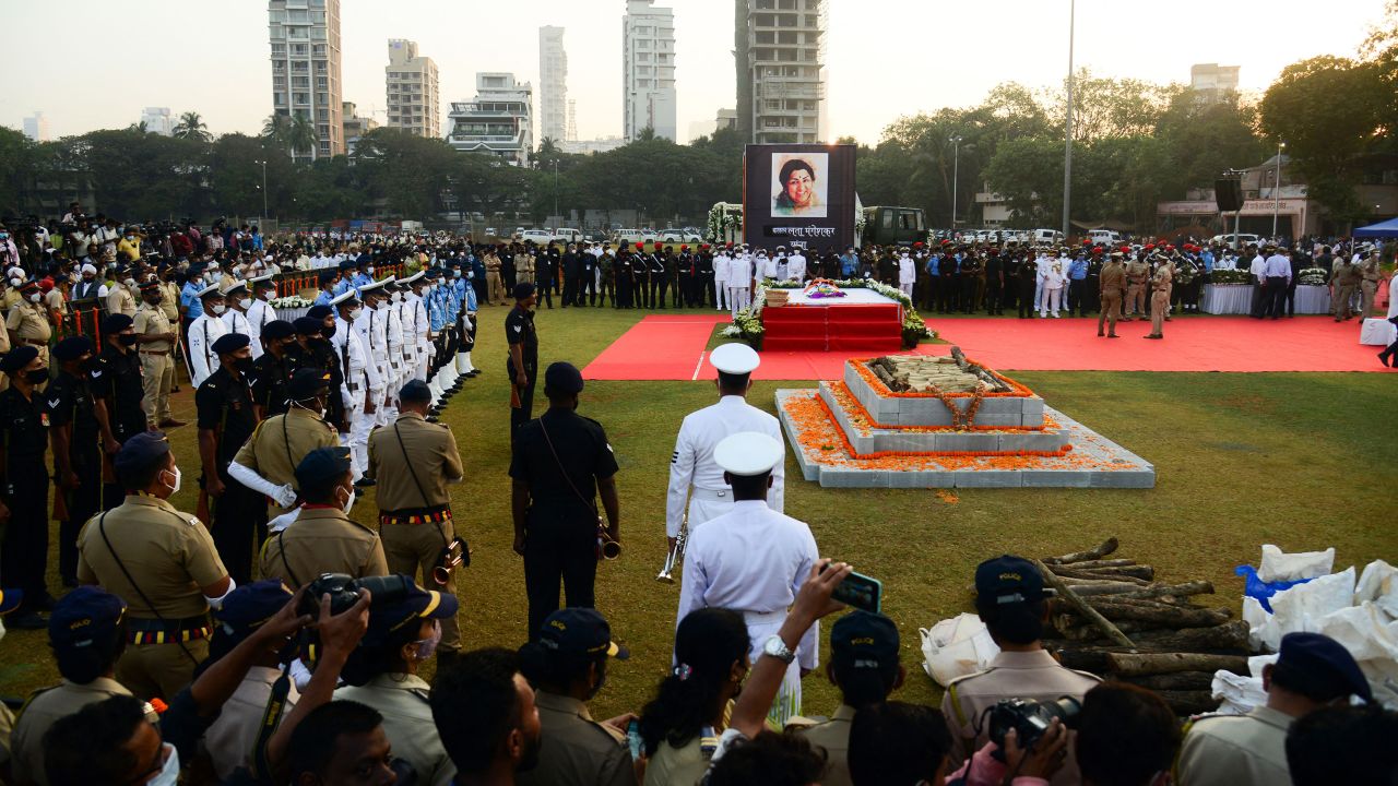 The mortal remains of Bollywood singer Lata Mangeshkar, draped in the national flag, during her funeral ceremony at Shivaji Park in Mumbai on 06, February 2022.