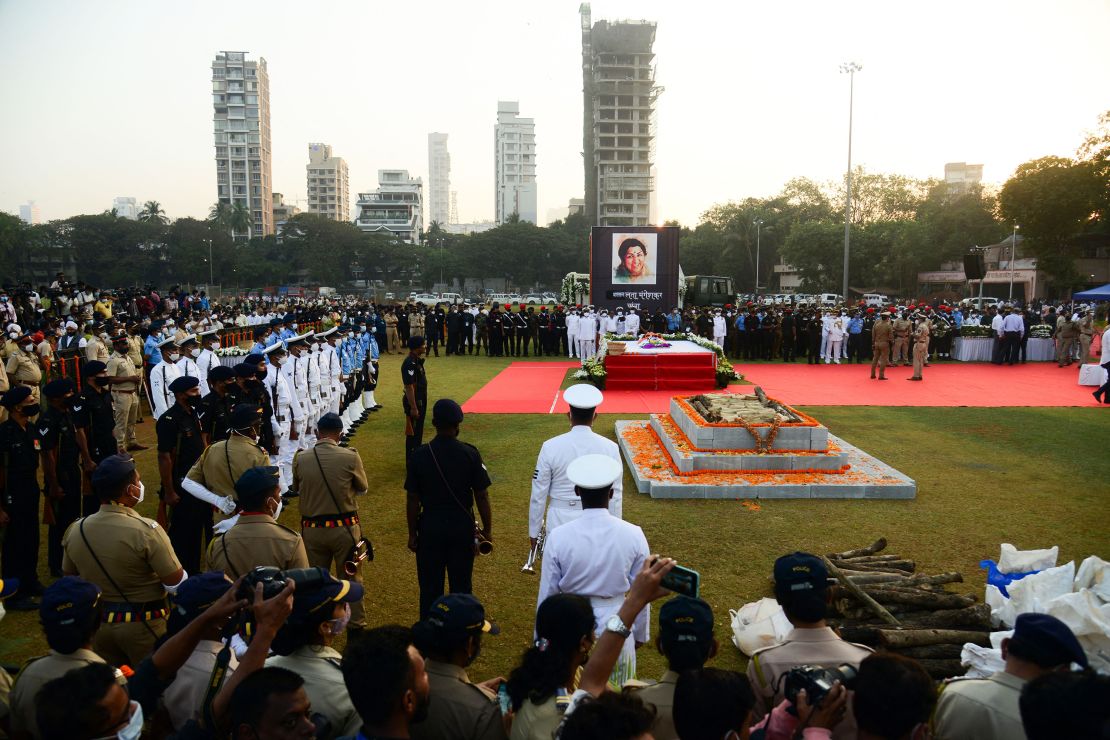 The mortal remains of Bollywood singer Lata Mangeshkar, draped in the national flag, during her funeral ceremony at Shivaji Park in Mumbai on 06, February 2022. 