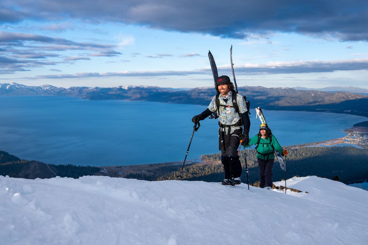 To reduce his own climate impact, Jones gave up helicopter trips to the top of mountain ranges, in favor of his own two feet. He now climbs up mountains and uses a "splitboard" -- a snowboard that splits into two halves and can be used as skis for the ascent and a single board for the descent.
