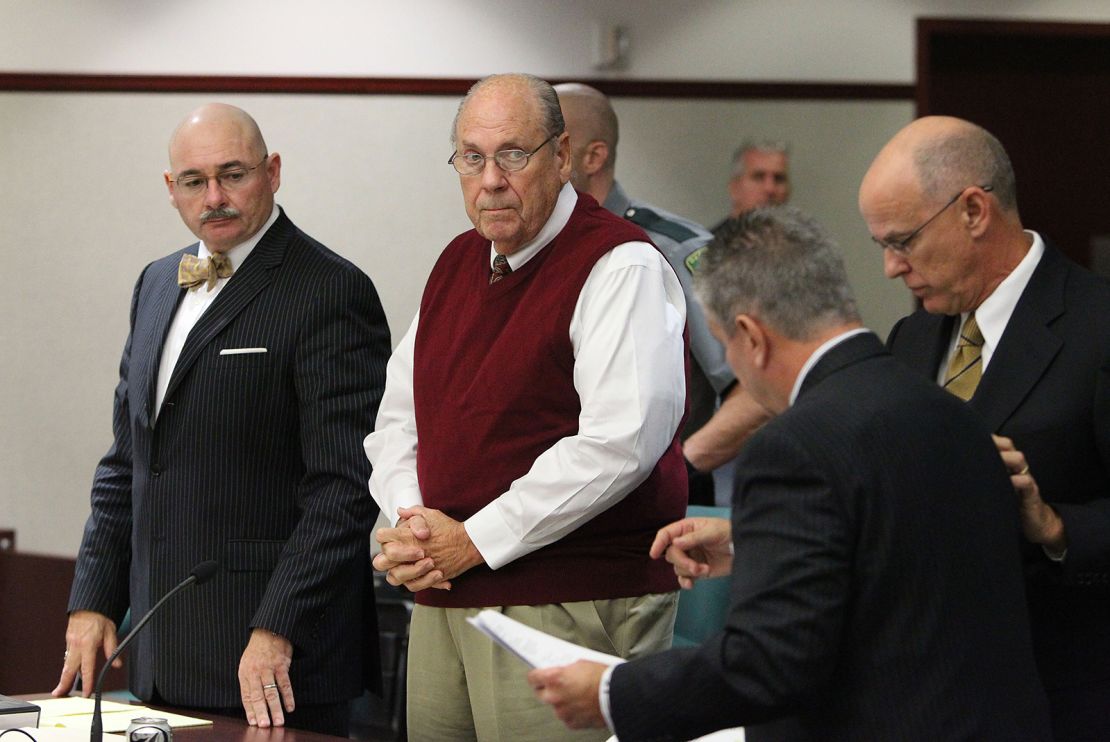 Curtis Reeves, center, stands beside his attorneys during his bond reduction hearing in Dade City, Florida, on Wednesday, Febrary 5, 2014.