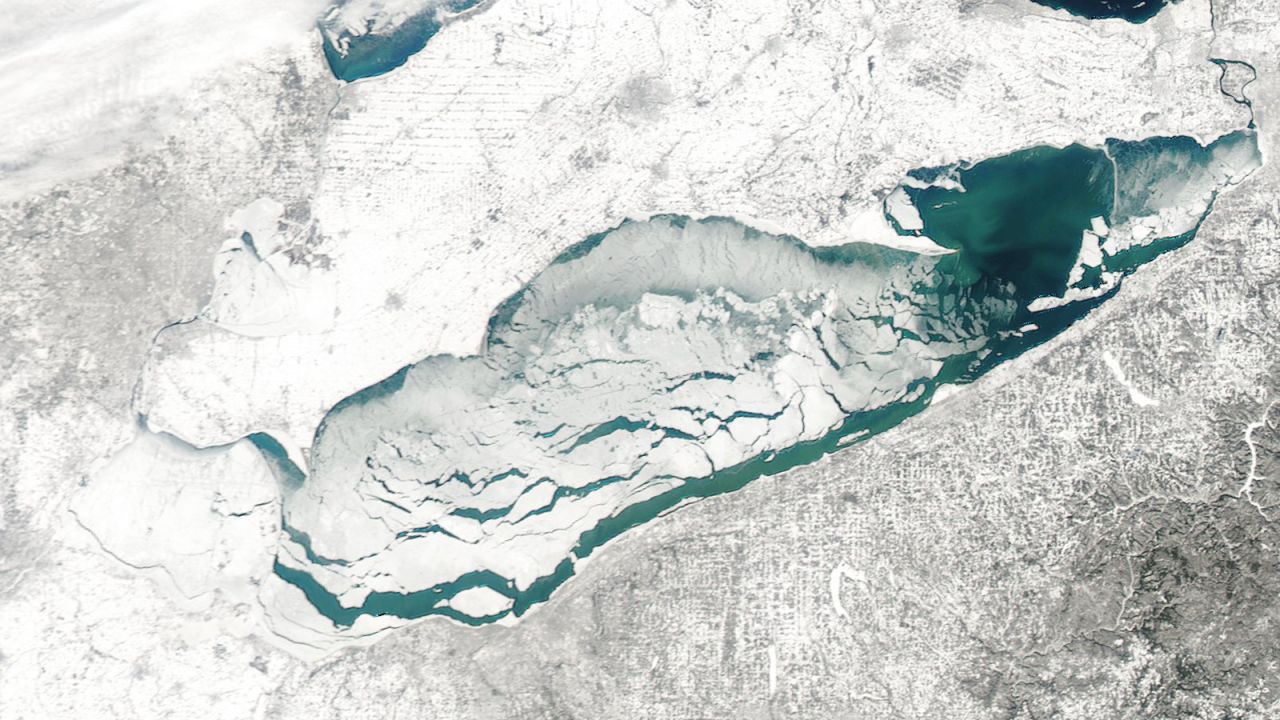 A satellite image from the US National Oceanic and Atmospheric Administration shows the crack in the ice on Lake Erie Sunday. 