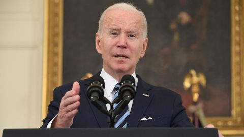 US President Joe Biden speaks about the January jobs report from the State Dining Room of the White House in Washington, DC, on February 4, 2022. 