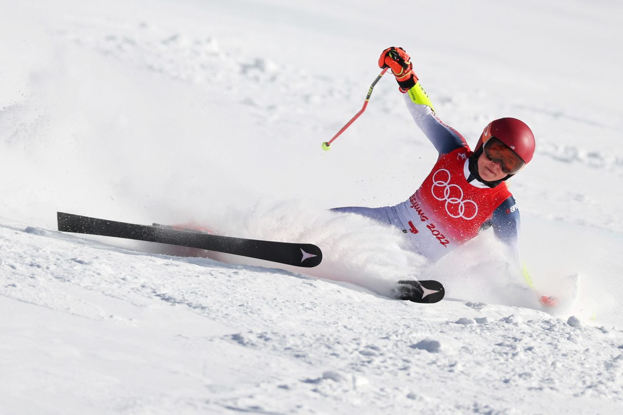 American skier Mikaela Shiffrin <a href="https://www.cnn.com/world/live-news/beijing-winter-olympics-02-07-22-spt/h_c67e815b4abe2381f4ae0467622fa538" target="_blank">falls during the giant slalom</a> on February 7. Shiffrin won gold in the event four years ago in South Korea.