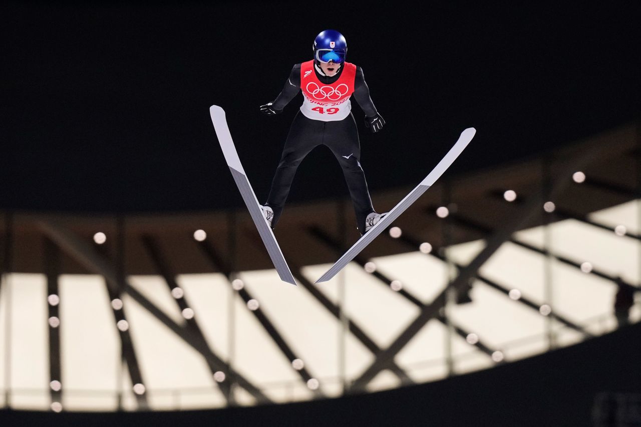 Japan's Ryoyu Kobayashi soars through the air during the normal hill competition on February 6. He became the first ski jumper from his country to <a href="https://www.cnn.com/world/live-news/beijing-winter-olympics-02-06-22-spt/h_784f87e1c39571ad55a836cb1ff5fcb5" target="_blank">win the normal hill event</a> since Yukio Kasaya in 1972.