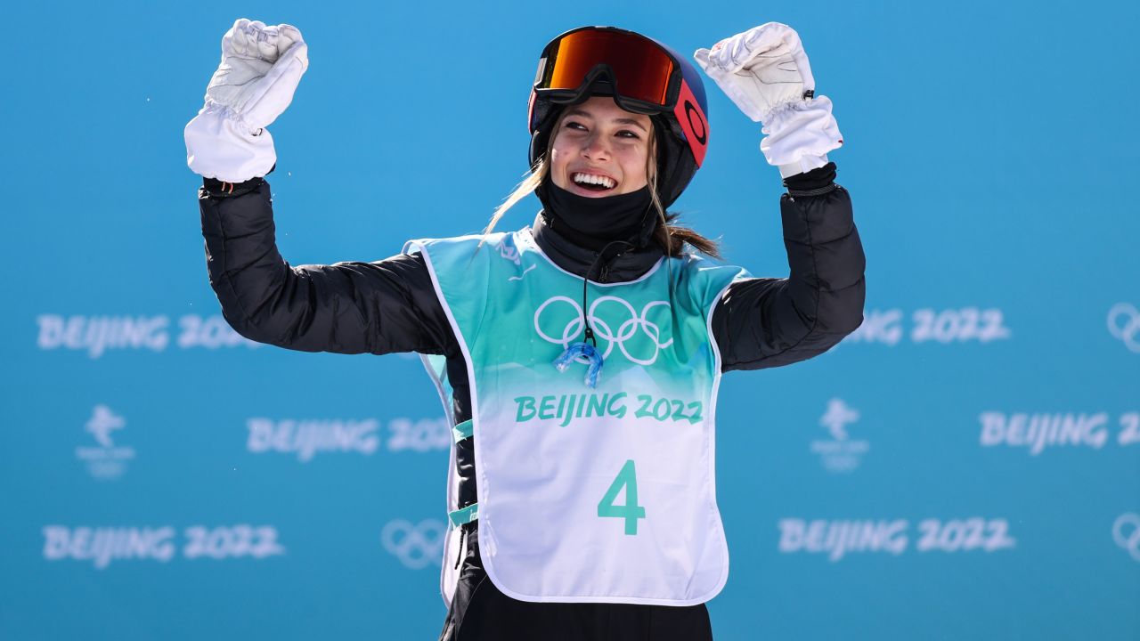 BEIJING, CHINA - FEBRUARY 07: Ailing Eileen Gu of Team China reacts during the Women's Freestyle Skiing Freeski Big Air Qualification on Day 3 of the Beijing 2022 Winter Olympic Games at Big Air Shougang on February 7, 2022 in Beijing, China. (Photo by Liu Lu/VCG via Getty Images)