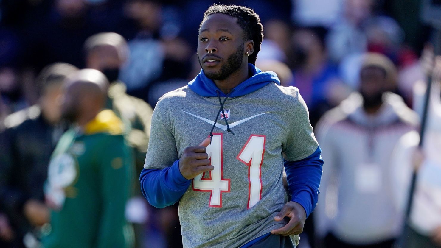 NFC running back Alvin Kamara runs during Pro Bowl football practice Saturday in Las Vegas.