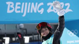BEIJING, CHINA - FEBRUARY 07: Ailing Eileen Gu of Team China waves after their run during the Women's Freestyle Skiing Freeski Big Air Qualification on Day 3 of the Beijing 2022 Winter Olympic Games at Big Air Shougang on February 07, 2022 in Beijing, China. (Photo by Harry How/Getty Images)