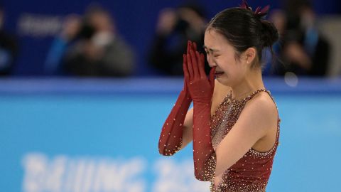 China's Zhu Yi cries after competing in the women's single skating free skating during the Beijing 2022 Winter Olympic Games on February 7, 2022.