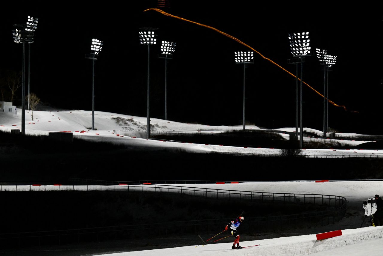 Canada's Emily Dickson competes in the 15-kilometer biathlon on February 7.