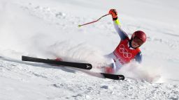 YANQING, CHINA - FEBRUARY 07: Mikaela Shiffrin of Team United States falls during the Women's Giant Slalom on day three of the Beijing 2022 Winter Olympic Games at National Alpine Ski Centre on February 07, 2022 in Yanqing, China. (Photo by Tom Pennington/Getty Images)