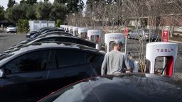 Tesla cars charge at a Supercharger station on Culver Ave. in Irvine, CA on Friday, January 28, 2022. 