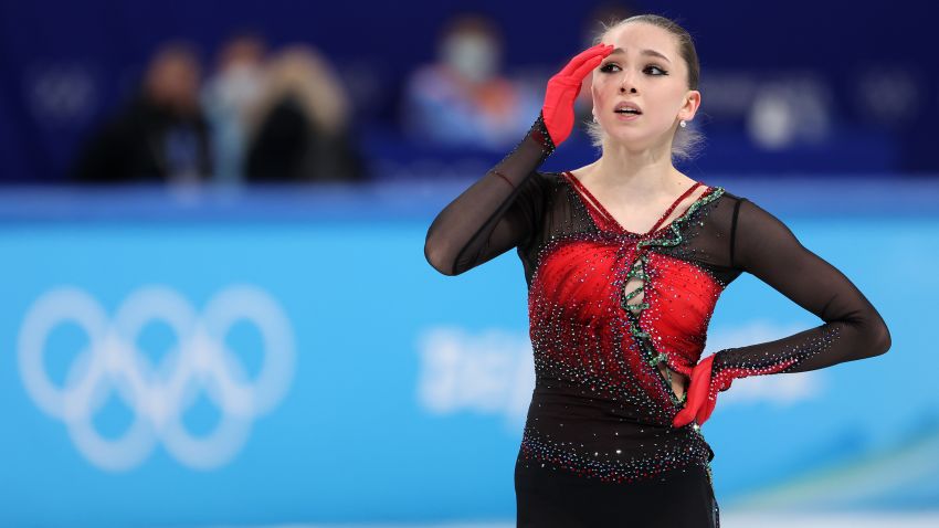 BEIJING, CHINA - FEBRUARY 07: Kamila Valieva of Team ROC reacts during the Women Single Skating Free Skating Team Event on day three of the Beijing 2022 Winter Olympic Games at Capital Indoor Stadium on February 07, 2022 in Beijing, China. (Photo by Lintao Zhang/Getty Images)