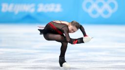 BEIJING, CHINA - FEBRUARY 07: Kamila Valieva of Team ROC skates during the Women Single Skating Free Skating Team Event on day three of the Beijing 2022 Winter Olympic Games at Capital Indoor Stadium on February 07, 2022 in Beijing, China. (Photo by Catherine Ivill/Getty Images)