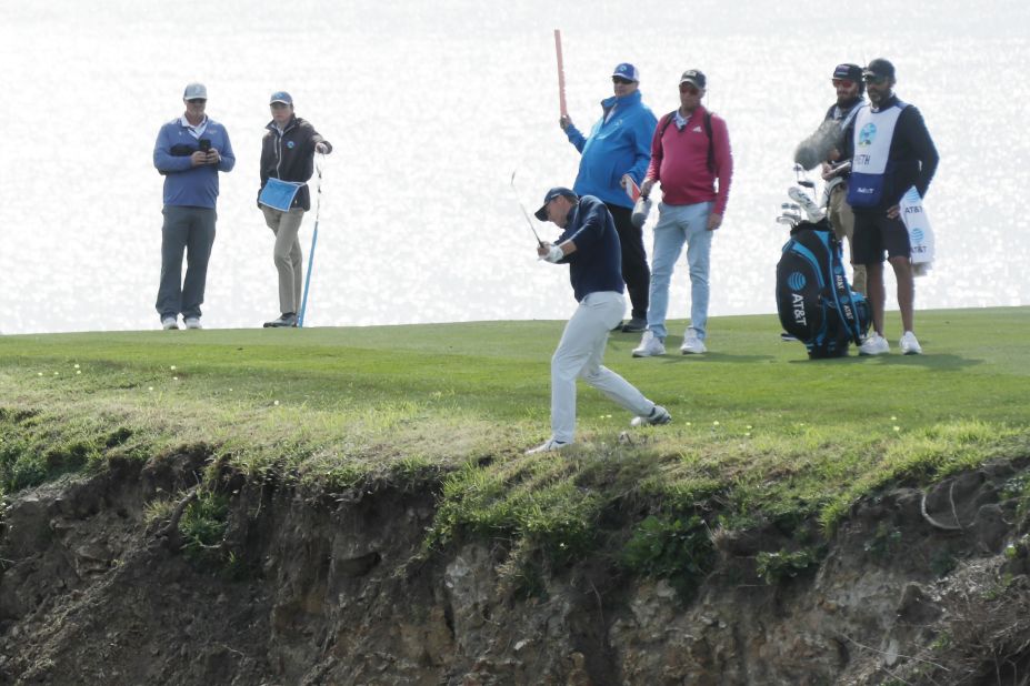 Spieth's drive on the par-four eighth hole had landed precariously near the edge of the cliff.