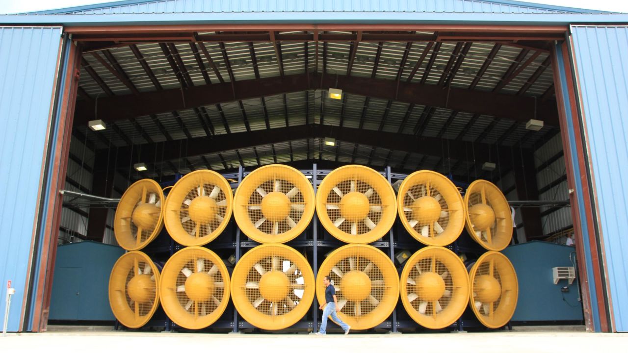 The 12-fan Wall of Wind at Florida International University, one of the experimental facilities in National Science Foundation's Natural Hazards Engineering Research Infrastructure, that better enables engineering against tornadoes, hurricanes and other windstorms.