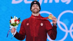 ZHANGJIAKOU, CHINA - FEBRUARY 07: Gold medalist, Max Parrot of Team Canada celebrates with their medal during the Men's Snowboarding Slopestyle Medal Ceremony at Medal Plaza on February 07, 2022 in Zhangjiakou, China. (Photo by Maddie Meyer/Getty Images)