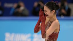 China's Zhu Yi reacts crying after competing in the women's single skating free skating of the figure skating team event during the Beijing 2022 Winter Olympic Games at the Capital Indoor Stadium in Beijing on February 7, 2022. (Photo by SEBASTIEN BOZON / AFP) (Photo by SEBASTIEN BOZON/AFP via Getty Images)