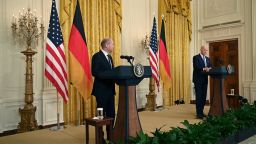 US President Joe Biden (R) and German Chancellor Olaf Scholz held a press conference in the East Room of the White House in Washington, DC, on February 7.