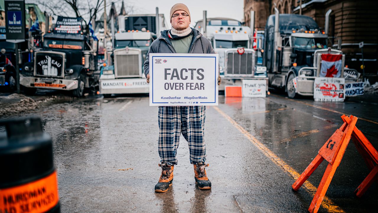 A man takes part in a Freedom Convoy protest in Ottawa on February 2.
