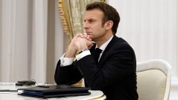 French President Emmanuel Macron listens to his Russian counterpart in Moscow on February 7, 2022, during their meeting for talks in an effort to find common ground on Ukraine and NATO, at the start of a week of intense diplomacy over fears Russia is preparing an invasion of its pro-Western neighbour. (Photo by SPUTNIK / AFP) (Photo by -/SPUTNIK/AFP via Getty Images)