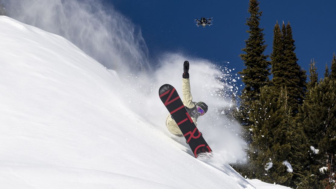 Torgeir Bergrem and a camera drone in Jackson Hole, Wyoming, January 25, 2022.