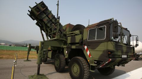 An MIM-104 Patriot surface-to-air missile system stands on display at the Seoul International Aerospace & Defense Exhibition (ADEX) at Seoul Airport in Seongnam, South Korea, in October 2015.