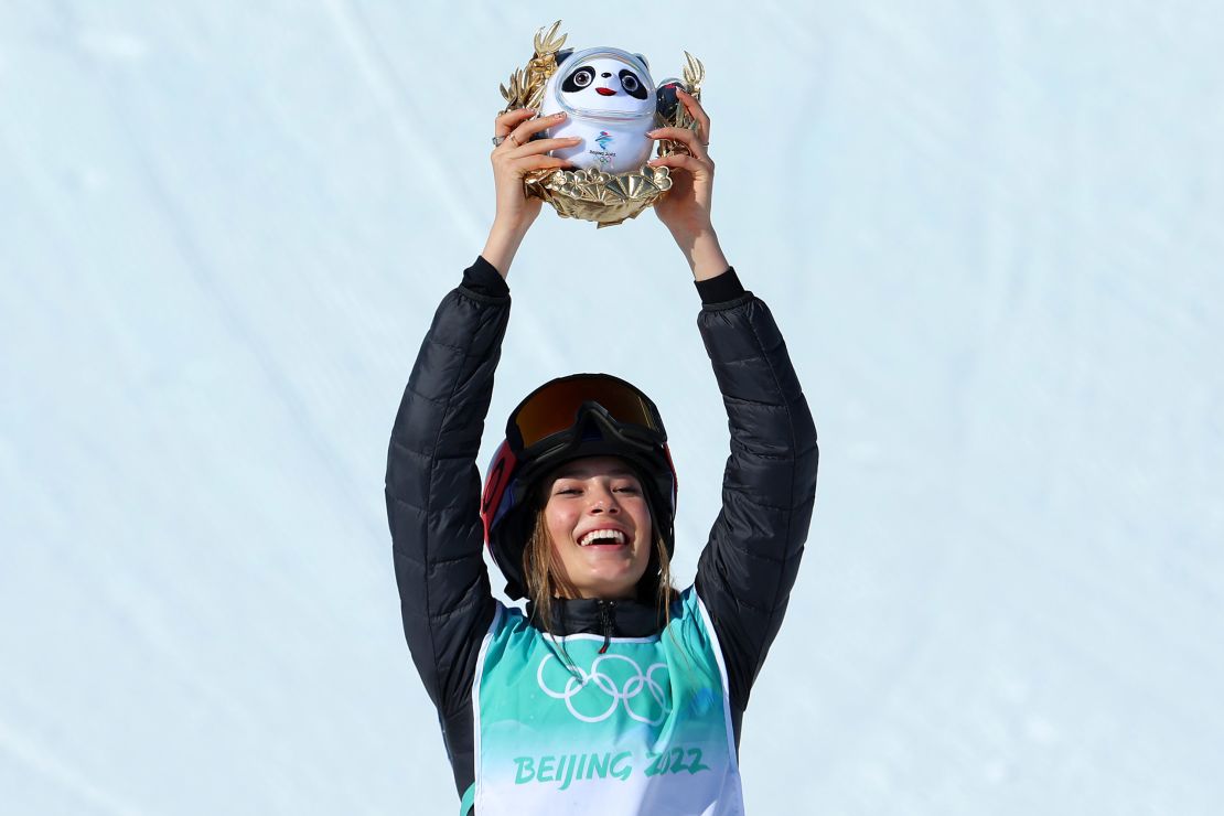 Eileen Gu of Team China celebrates after winning gold in the women's big air freestyle skiing event on on February 8, 2022 in Beijing, China. 