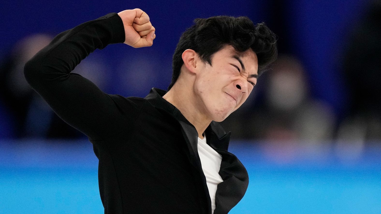 American figure skater Nathan Chen reacts after his short program on February 8. He <a href="index.php?page=&url=https%3A%2F%2Fwww.cnn.com%2Fworld%2Flive-news%2Fbeijing-winter-olympics-02-08-22-spt%2Fh_0da6fbe2c0fbccb3c8ad1412db9fdedb" target="_blank">set a new world record</a> with a score of 113.97.