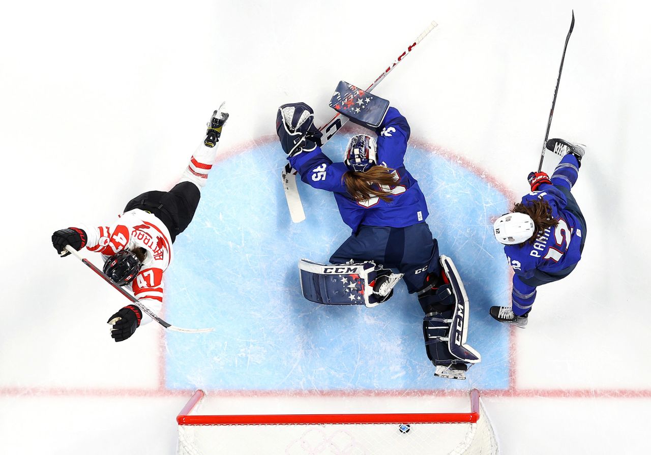 Canada's Jamie Lee Rattray, left, reacts after scoring a goal against the United States during a women's hockey game on February 8. <a href="https://www.cnn.com/world/live-news/beijing-winter-olympics-02-08-22-spt/h_8b437024e1f1fc74713710821cb3d75b" target="_blank">Canada won 4-2.</a>