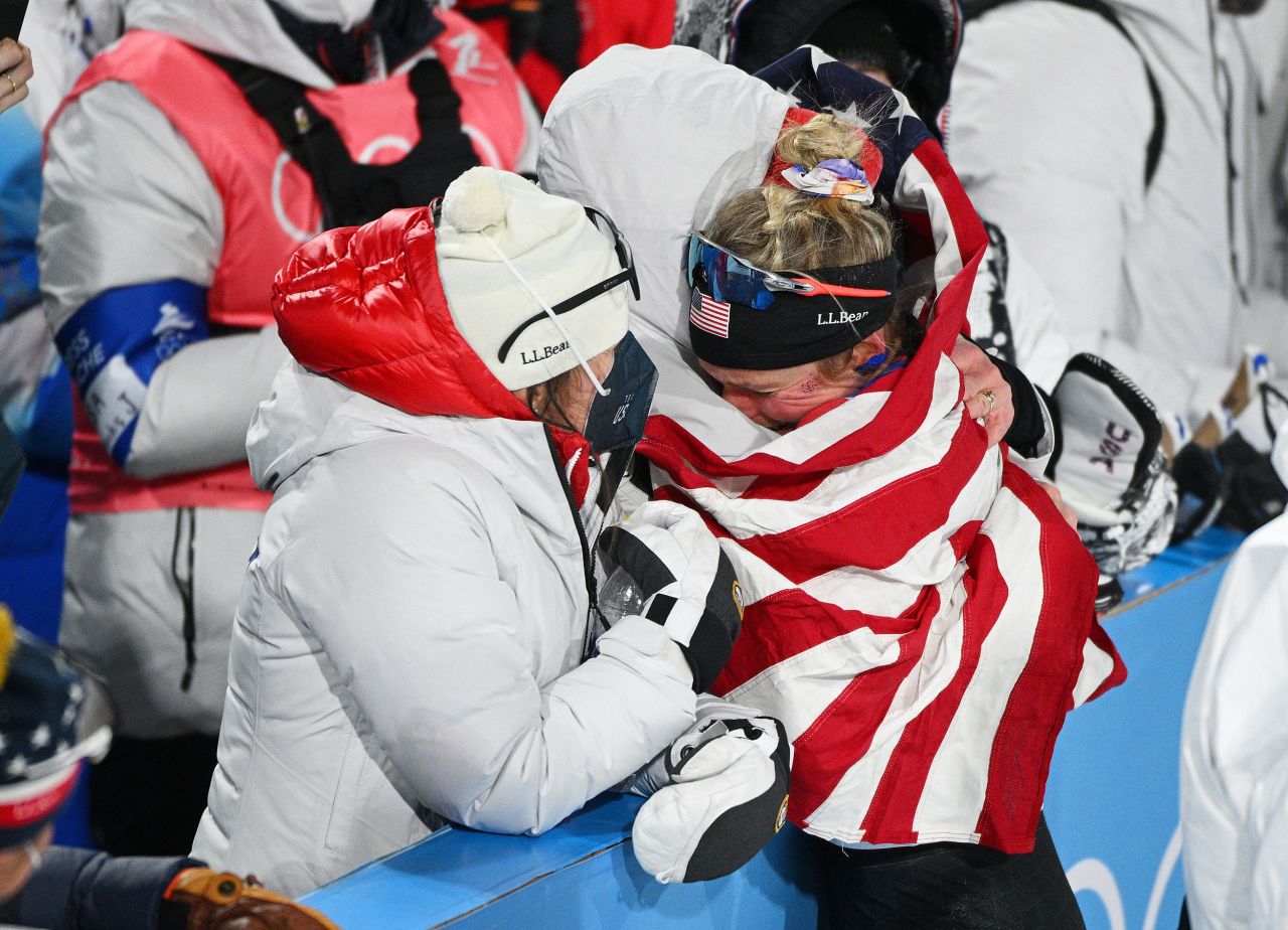 US skier Jessie Diggins celebrates after winning the bronze medal in the cross-country freestyle sprint on February 8.