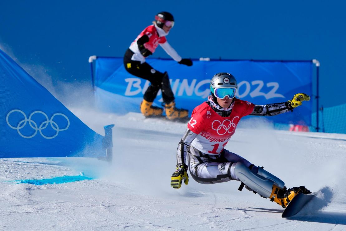 Ledecká, front, and Natalia Soboleva of the Russian Olympic Committee compete during the women's parallel giant slalom qualification run.